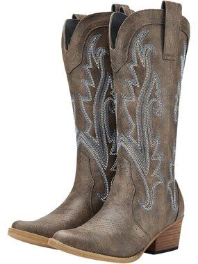 Women's Brown Synthetic Cowgirl Pointed Toe Western Boots for Outfits Walking